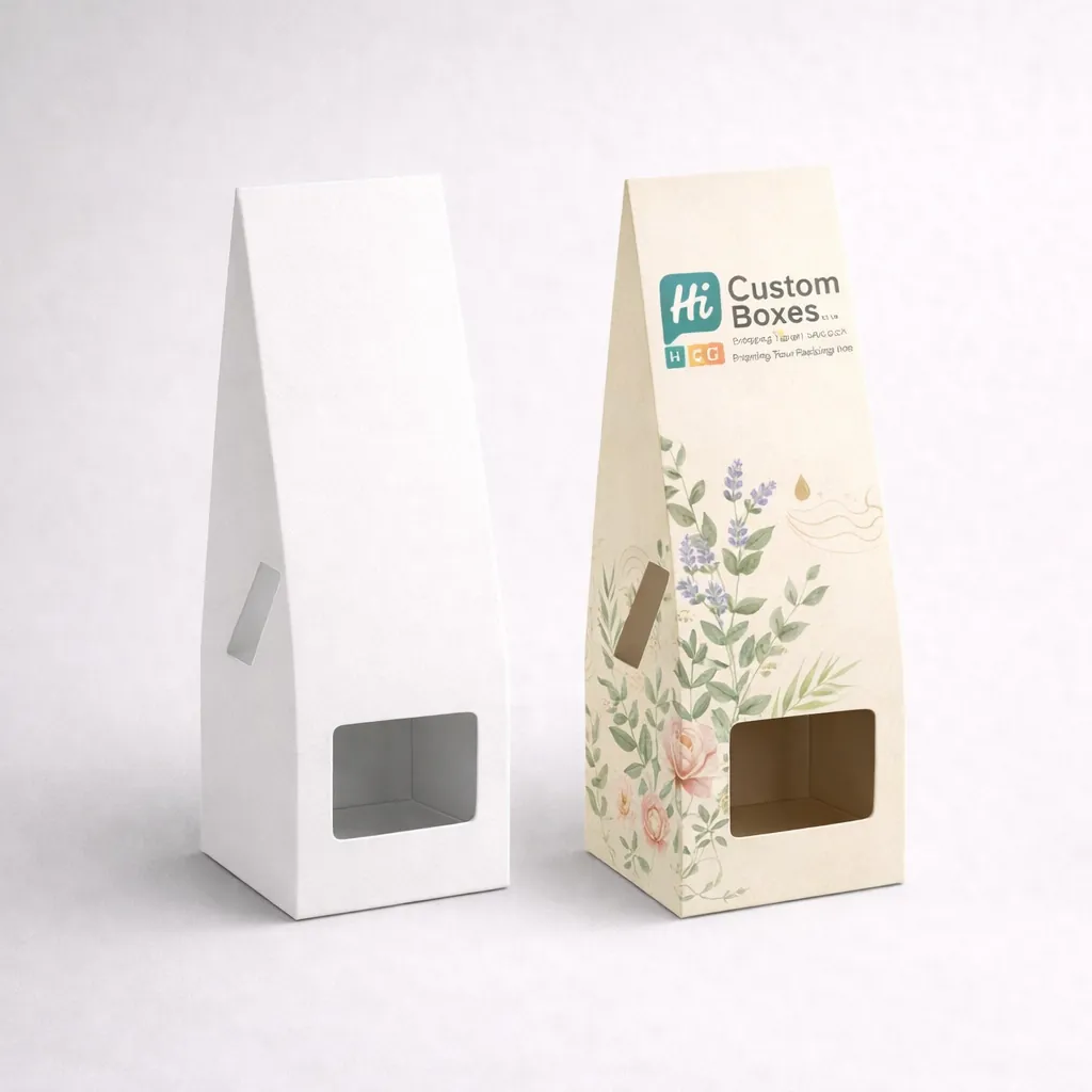 Two premium flip-top magnetic boxes, one blank white and one featuring elegant floral diffuser branding. class=
